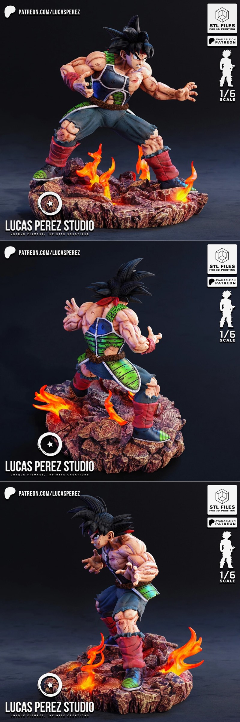 1:6 scale 3D printed figure of Bardock from Dragon Ball, standing in a combat stance on a rocky, fiery base. He has b...
