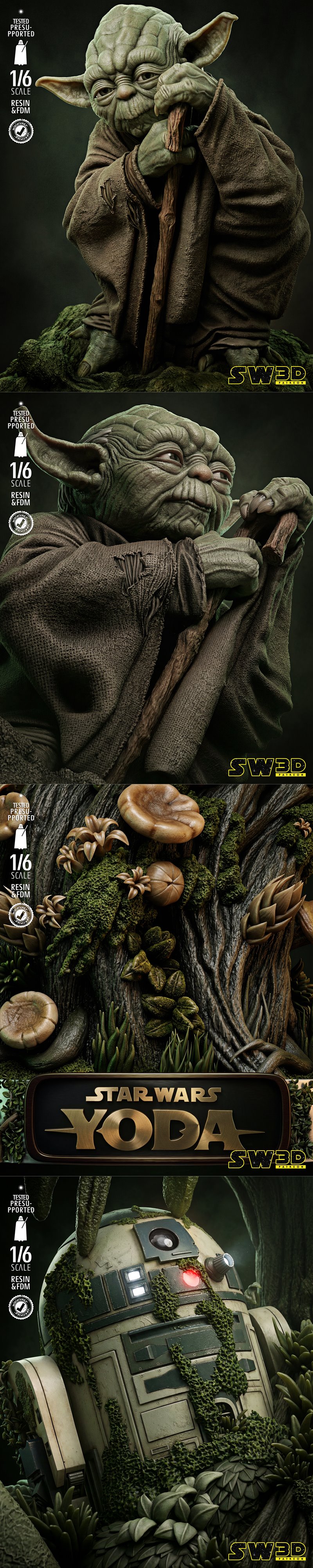 1/6 scale Yoda sculpture 3D model by SW3D, sitting on a mossy tree stump with R2-D2 and mushrooms on the base.