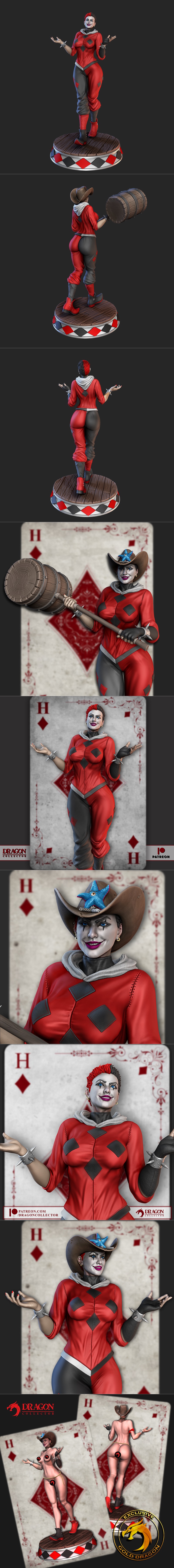 Harley Quinn 3D model in Western attire, wearing a cowboy hat and holding a large wooden mallet. She stands on a diam...