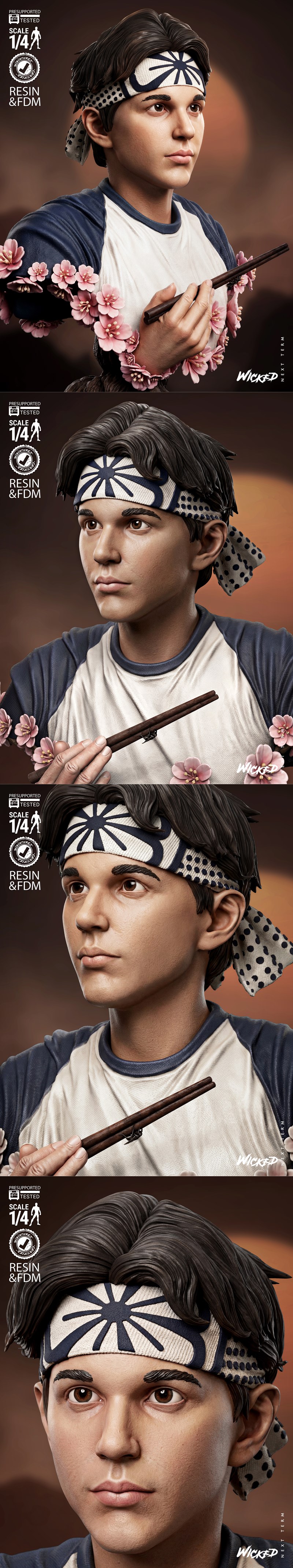 3D printable bust of Daniel LaRusso from The Karate Kid, wearing a bandana and holding chopsticks, surrounded by cher...