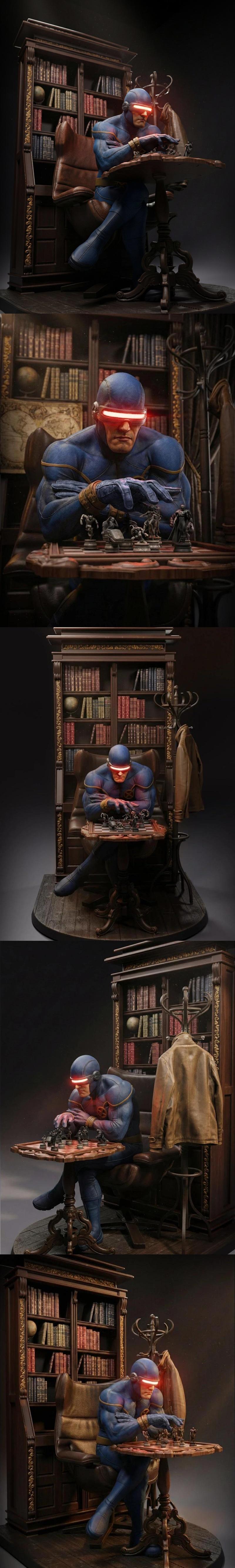 Cyclops in blue uniform with glowing red visor, seated at a chess board, CA 3D Studios 3D print model.