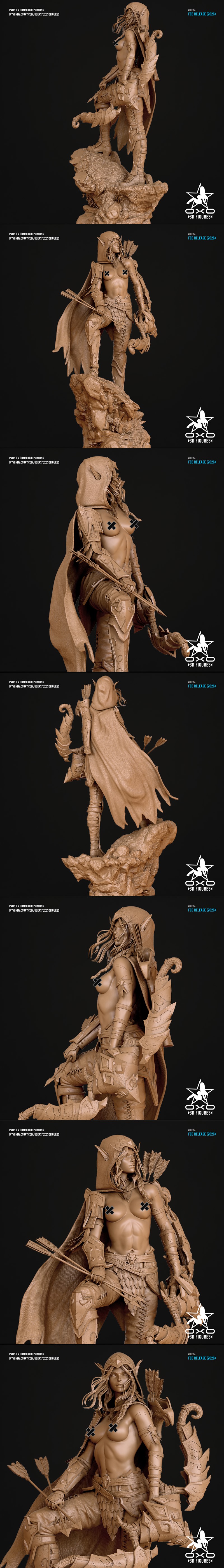 3D model of Alleria Windrunner, a female elf archer from Warcraft, in a dynamic pose with bow and arrows, on a rocky...