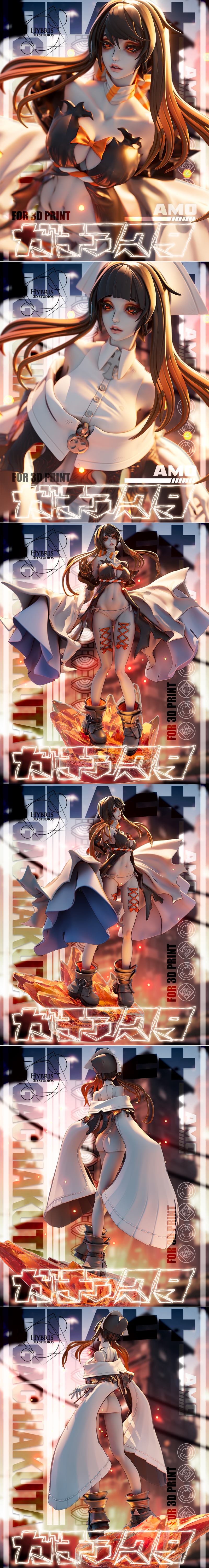 3D model figure of anime character Amo from Gachiakuta by Hybris Studios, shown in two outfits, standing on crystal b...