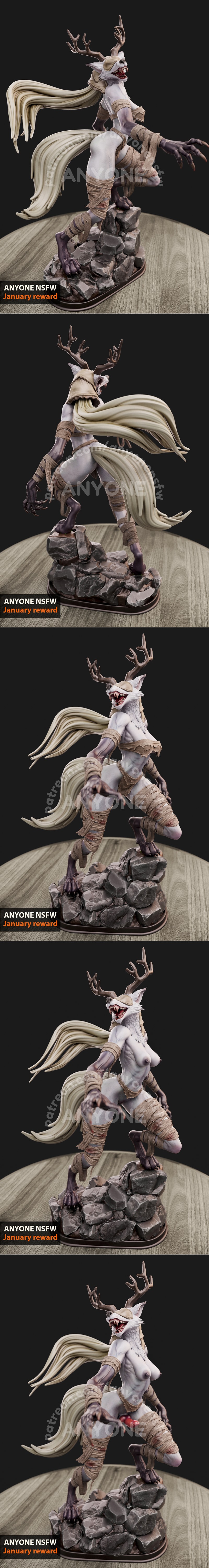 3D print model of Vicar Amelia from Bloodborne, a white-furred beast with antlers, sharp teeth, and bandages, in a dy...