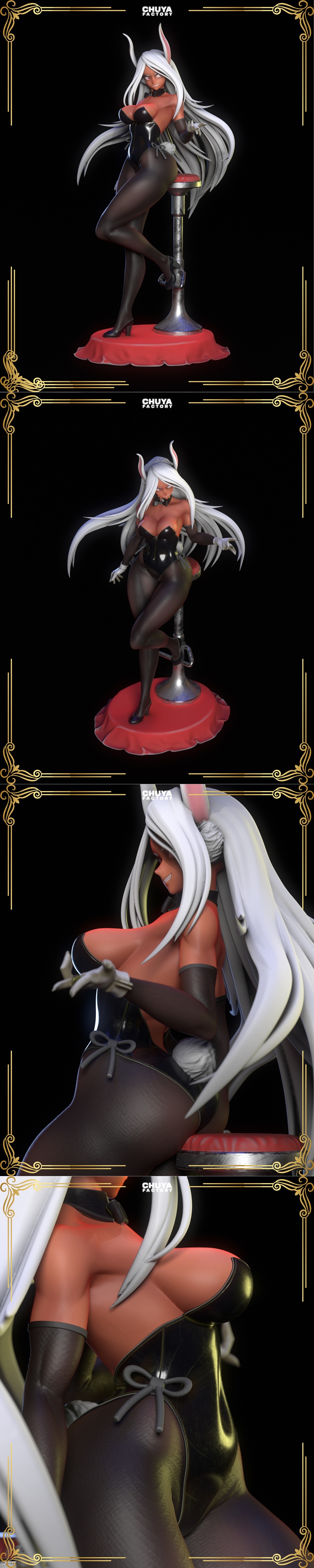 3D model figure of Mirko from My Hero Academia, a white-haired bunny girl in a revealing black outfit, striking a con...