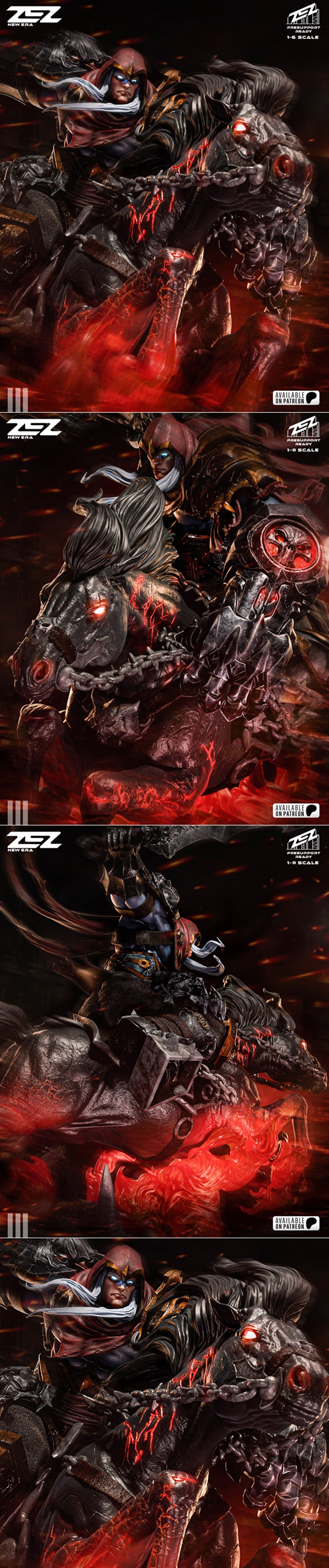 War, Horseman of the Apocalypse, riding a black horse with red glowing eyes and fiery base. Detailed armor on rider a...