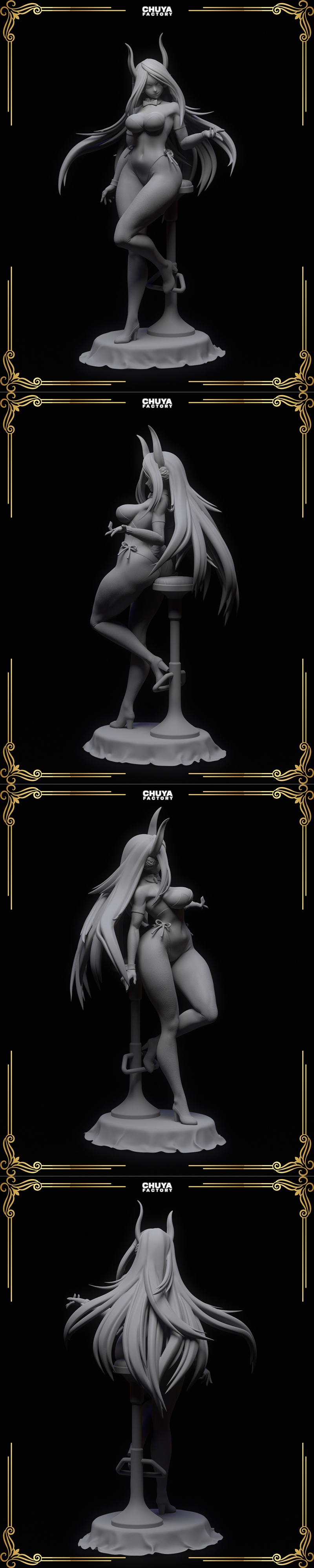 3D model figure of Mirko from My Hero Academia, a white-haired bunny girl in a revealing black outfit, striking a con...