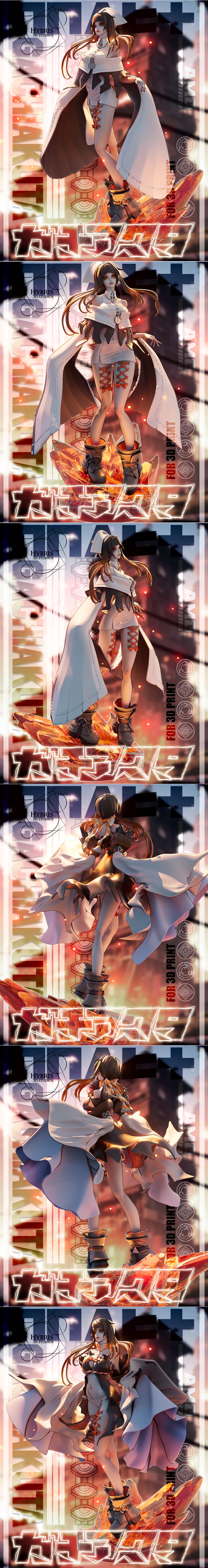 3D model figure of anime character Amo from Gachiakuta by Hybris Studios, shown in two outfits, standing on crystal b...