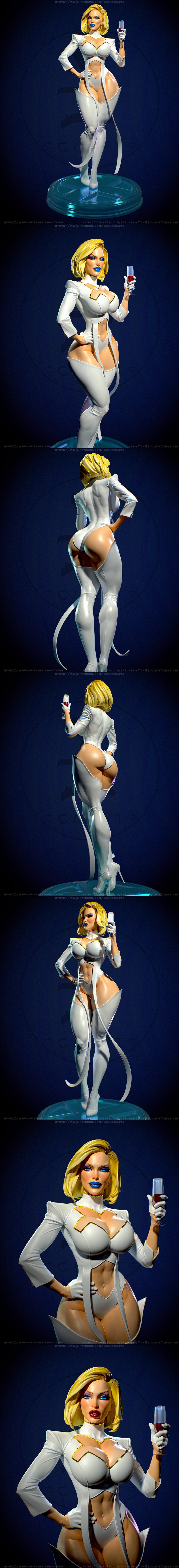 Emma Frost figure in white corset, thigh-high boots, and gloves, with a fur-trimmed cape. Blonde hair, confident pose...