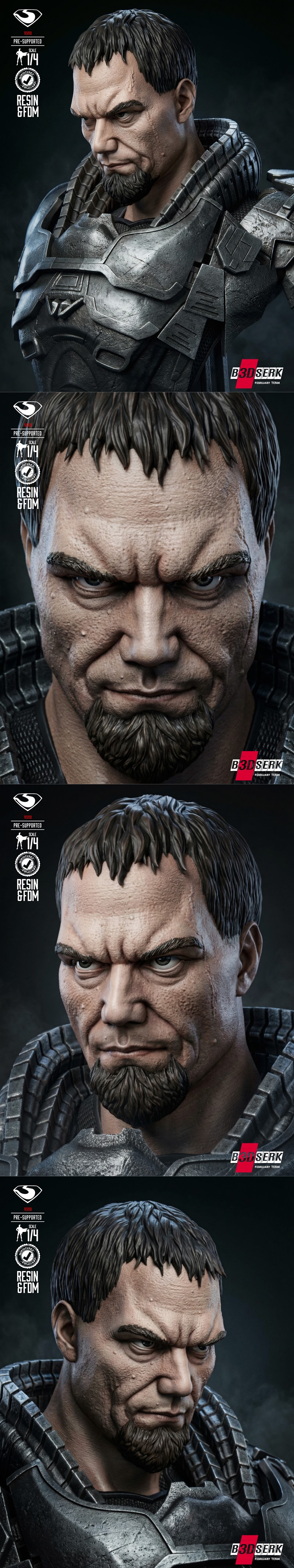 B3DSERK 1/4 scale bust of General Zod, a DC Comics villain, wearing detailed armor with a stern expression and a goatee.