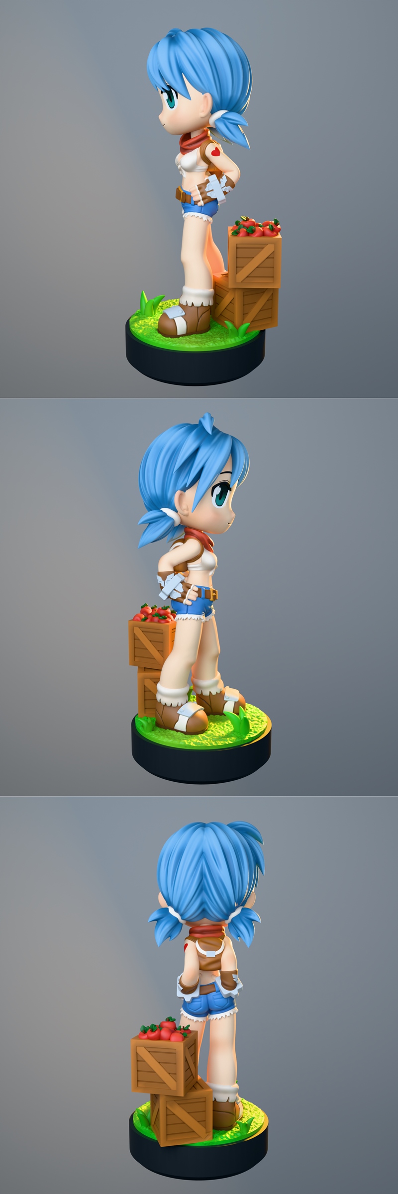 Chibi Blacksmith Girl from Ragnarok Online, wearing a white bikini top, blue shorts, and brown boots, standing on a g...
