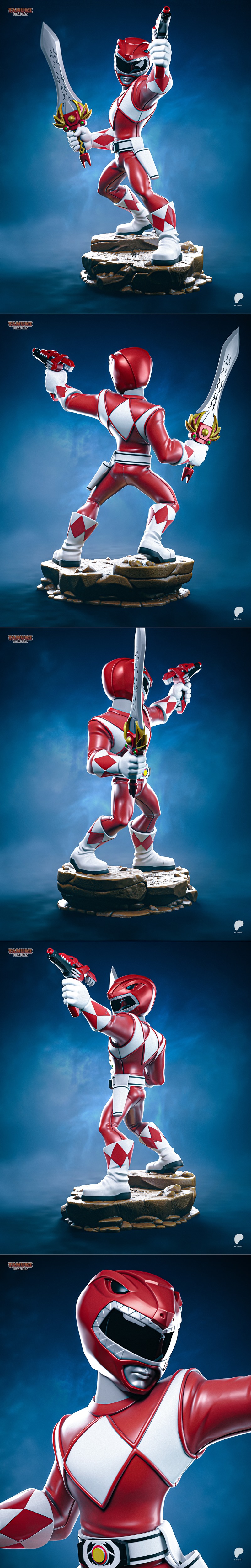 Red Ranger from Power Rangers, posed heroically with a sword and blaster, standing on a rocky base. Model by Tanuki F...