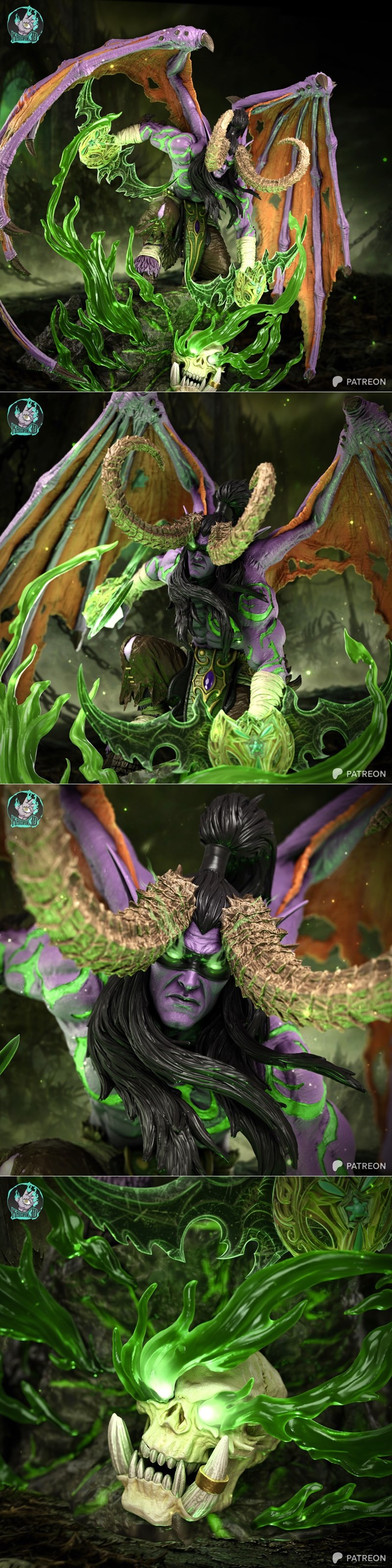 Illidan Stormrage 3D model figure with purple skin, green markings, large wings, and horns, crouching with a glowing...