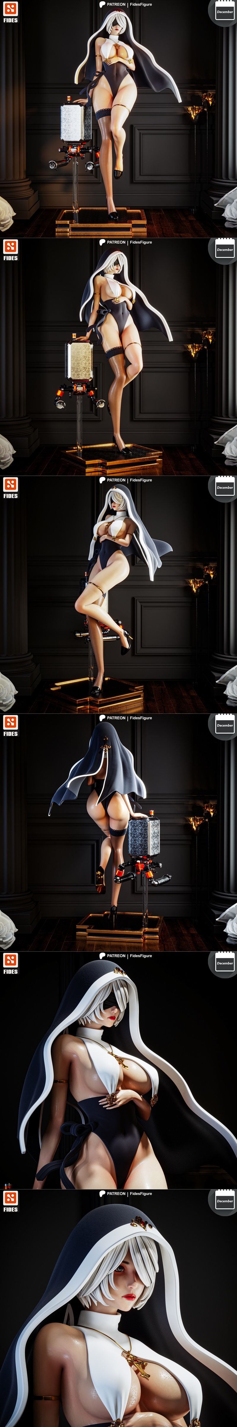 3D model of 2B from NieR: Automata in a revealing nun outfit, wearing a blindfold and ornate jewelry, with a mechanic...