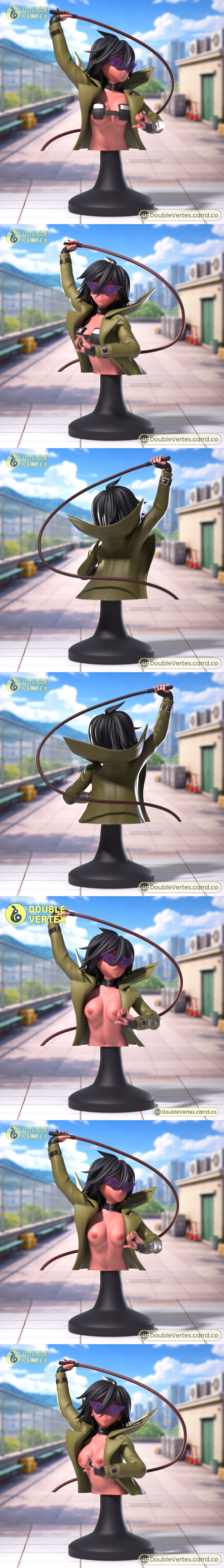 Double Vertex Nemuri Midnight Kayama bust 3D model, character in olive jacket and sunglasses holding a whip, on black...