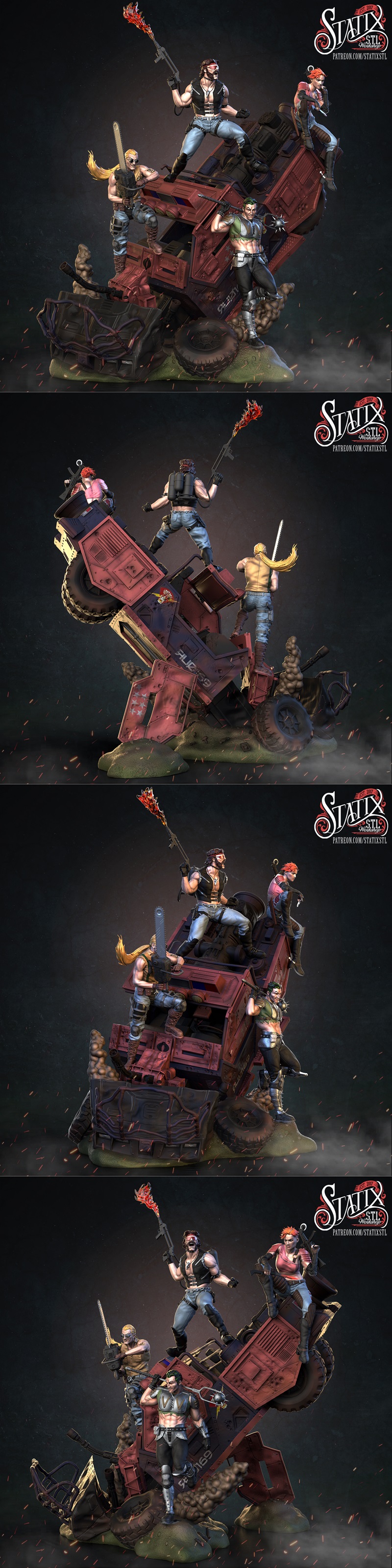 Post-apocalyptic diorama with five action figures around a wrecked vehicle. One figure has a flamethrower, another a...