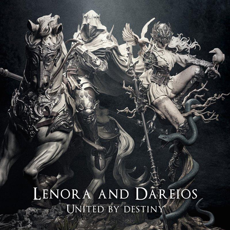 Fantasy diorama featuring a hooded warrior on an ornate horse and a dynamic female figure with a snake and birds, cre...