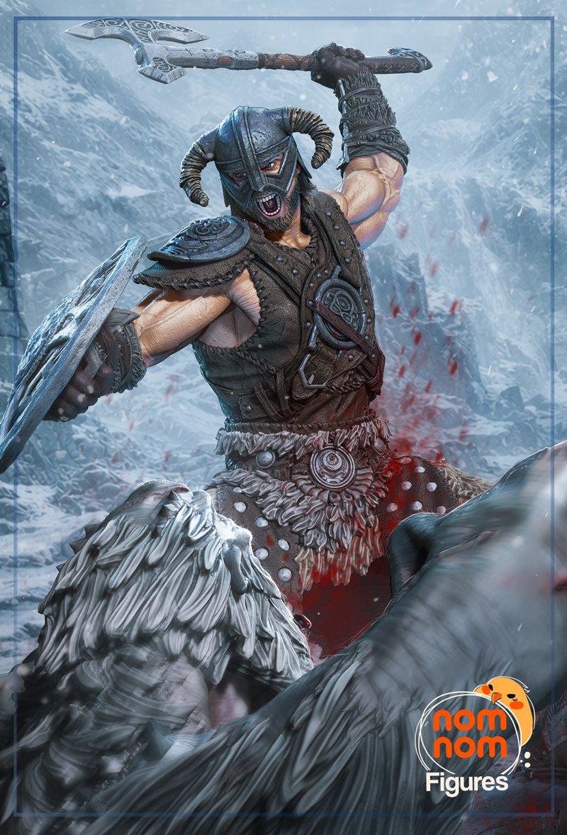 Dragonborn from Skyrim in a battle pose, wielding an axe and shield, wearing horned helmet and armor, with blood spla...