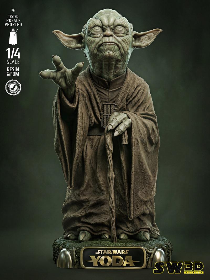 SW3D 1/4 scale Yoda bust 3D model, showing the wise alien in his robes holding a staff, with a Star Wars Yoda base.