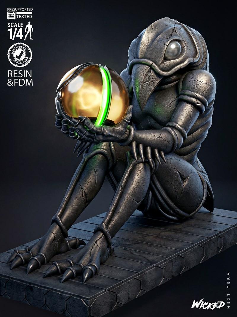 Wicked 1/4 scale Chozo bust 3D model, seated figure with cracked stone texture holding a glowing orb with green light.