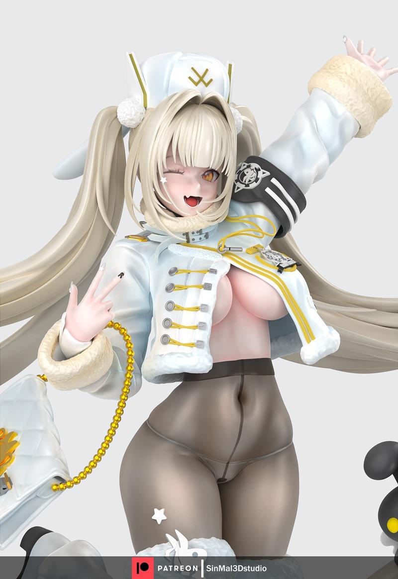 3D model of NIKKE character Blanc, wearing a white winter coat, sheer tights, and gold accessories, with blonde twin-...