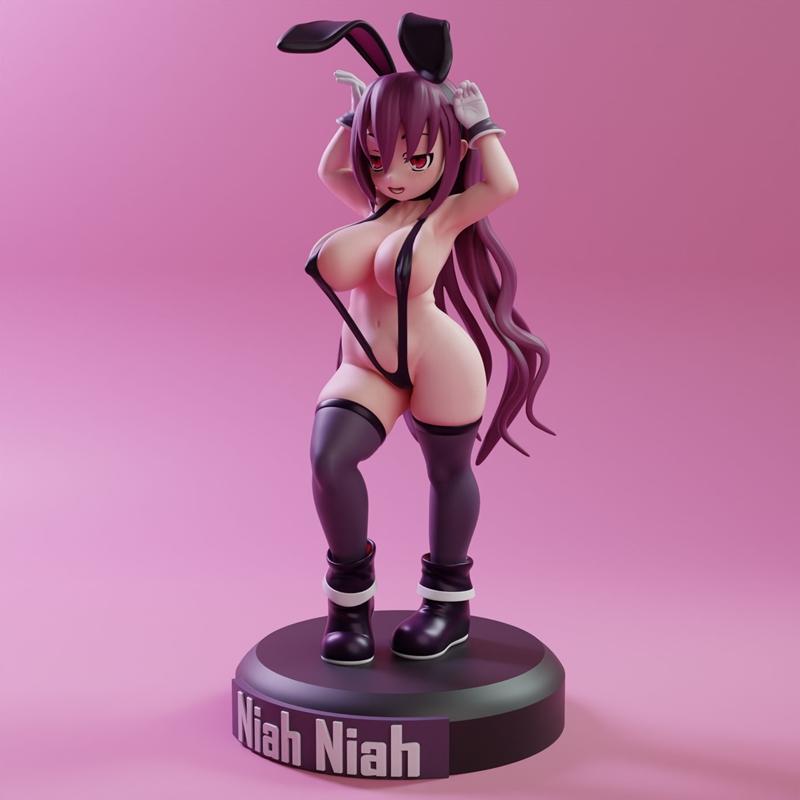 3D model of Niah Niah Henrietta in a black bunny girl outfit, thigh-highs, and boots, with bunny ears. Anime style, s...