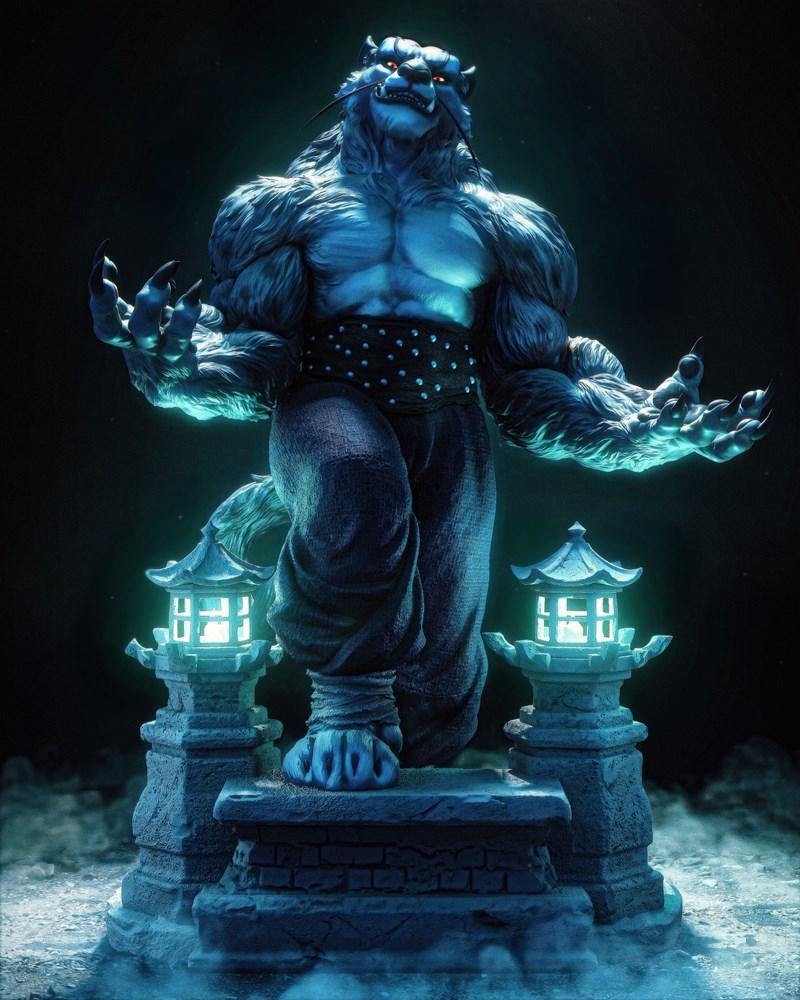 Muscular anthropomorphic snow leopard warrior Tai Lung from Kung Fu Panda, standing on a stone platform with glowing...
