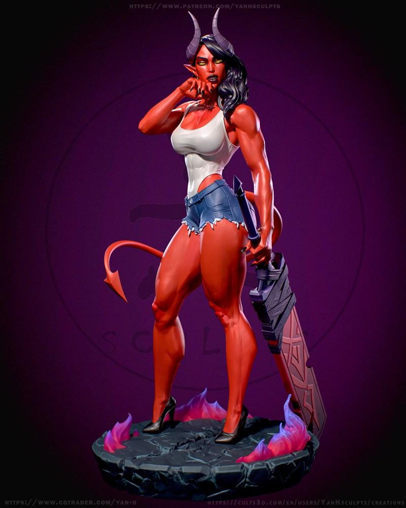Muscular red-skinned demon female 'Malevola' by Yan-H, wearing a white tank top and denim shorts, holding a large swo...