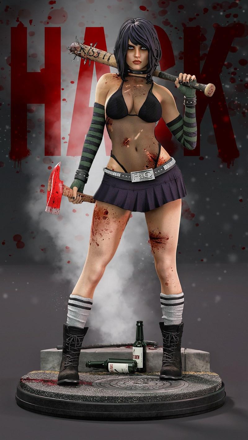 3D printable figure of a female character in a bikini and short skirt, holding a spiked baseball bat and an axe, cove...