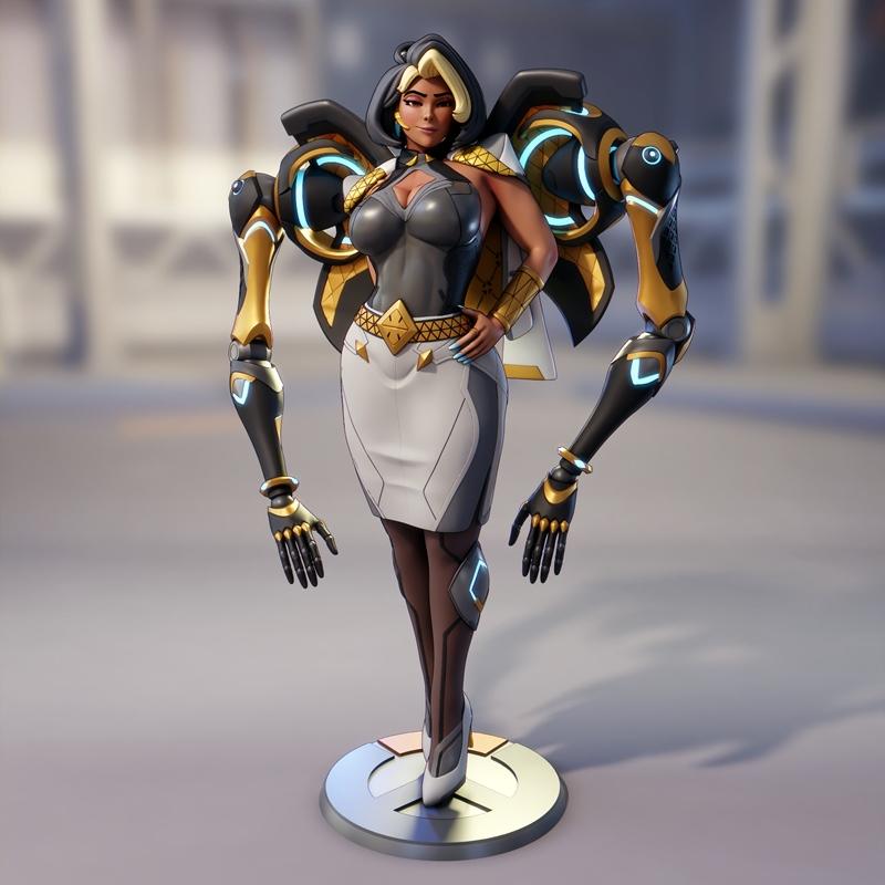 3D model of Domina from Overwatch, featuring a woman in a grey top and white skirt with gold accents, and four roboti...