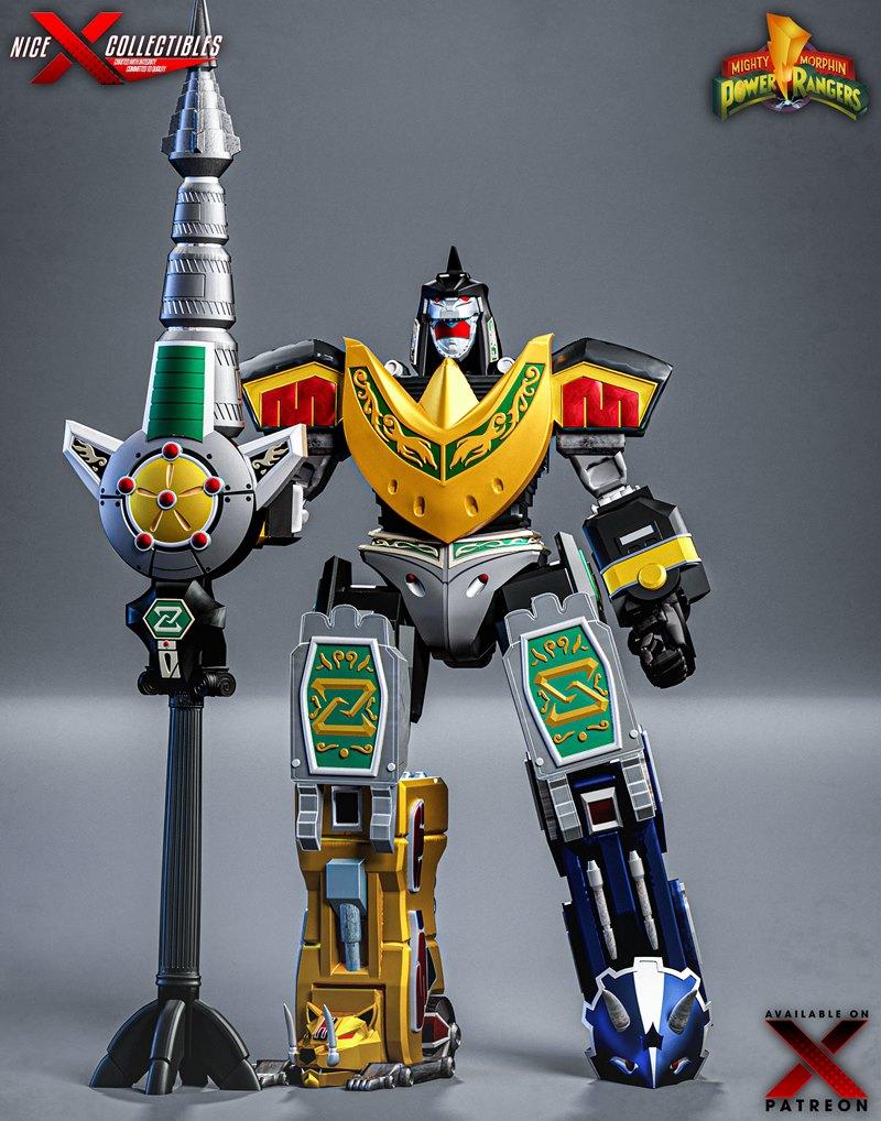Mega Dragonzord 3D model from Nice X Collectibles, holding a large staff, with Mighty Morphin Power Rangers logo.