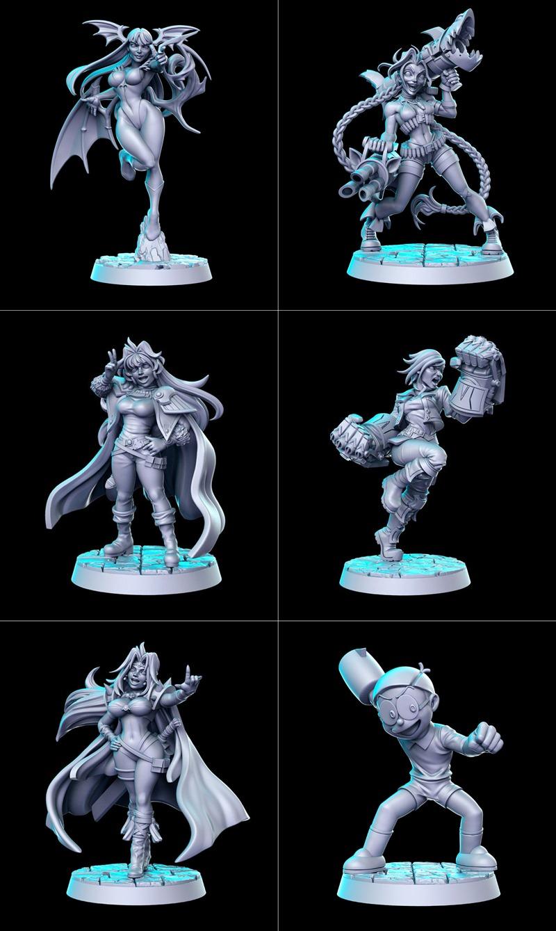Six 3D printable figures: a winged succubus, a character with guns resembling Jinx, a character with large fists rese...