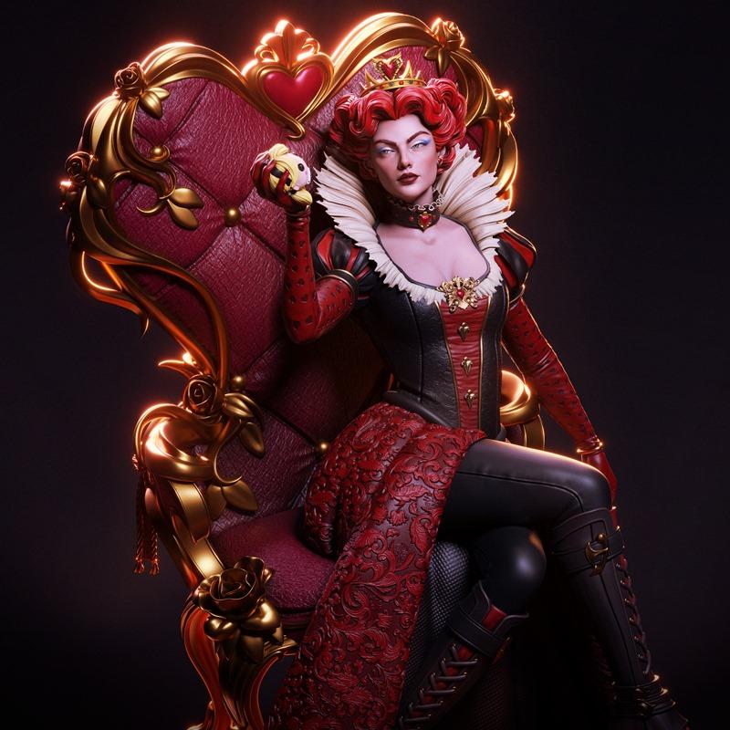Red Queen figure seated on a red and gold throne, holding a small orb. She wears a crown, ruffled collar, corset, and...