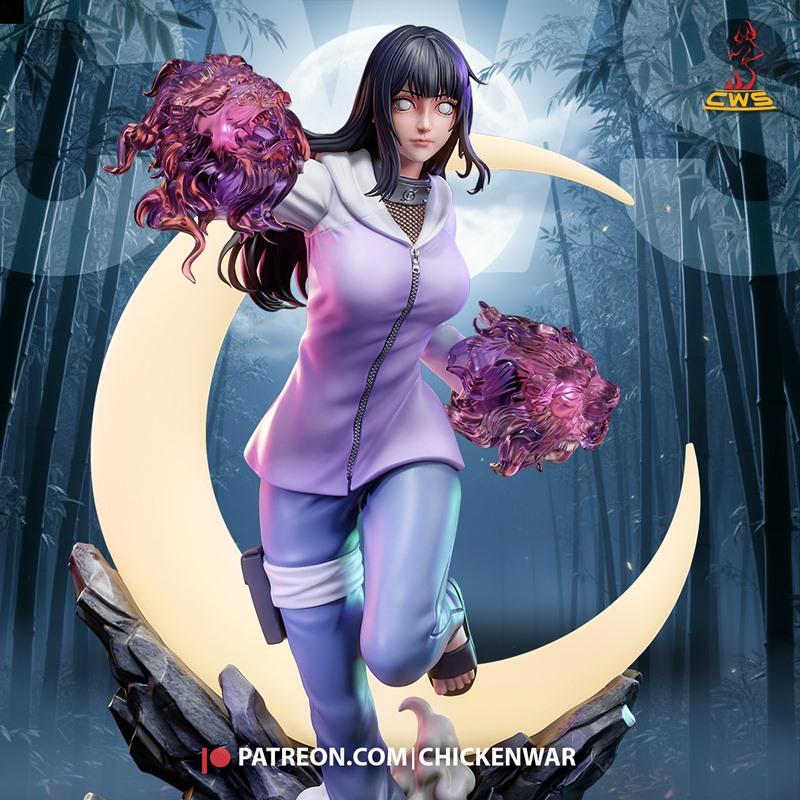 Hinata Hyuga figure in combat pose, channeling purple energy, wearing a purple hoodie and blue pants, with a crescent...