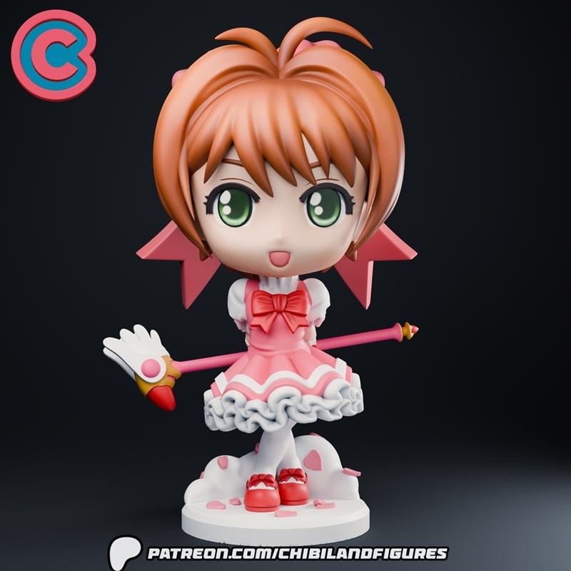 Chibi Sakura Kinomoto from Cardcaptor Sakura in a pink dress holding a wand, standing on a cloud-like base with petals.