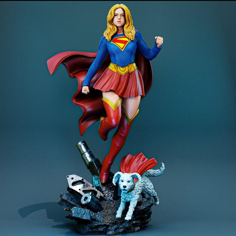 Milly Alcock Supergirl 3D model figure with Krypto the dog on a rocky base, wearing a red cape and blue costume.