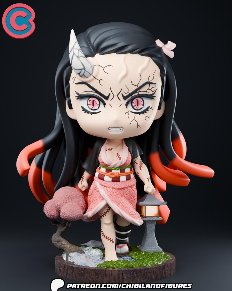 Chibi Nezuko Kamado in Oni form from Demon Slayer, wearing a pink kimono and holding a lantern, with a single horn an...