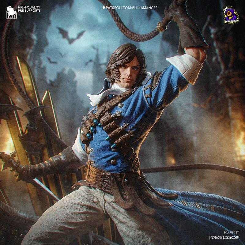 Richter Belmont figure in a dynamic combat pose, holding a whip. He wears a blue coat, bandolier, and textured pants....