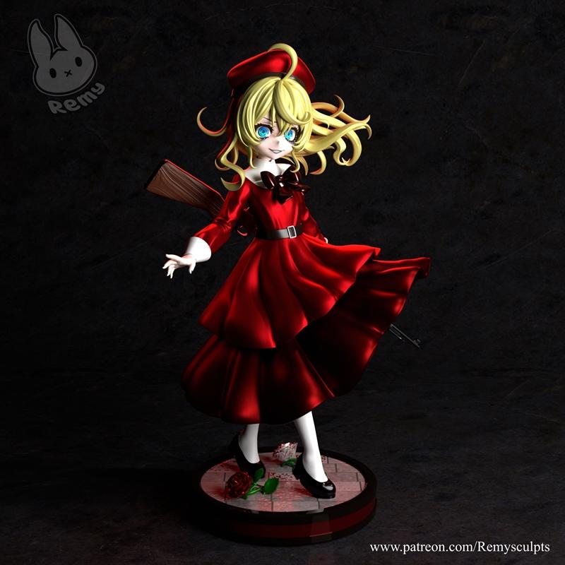 Tanya Degurechaff 3D model in a flowing red dress and hat, holding a rifle, with blonde hair and blue eyes, standing...