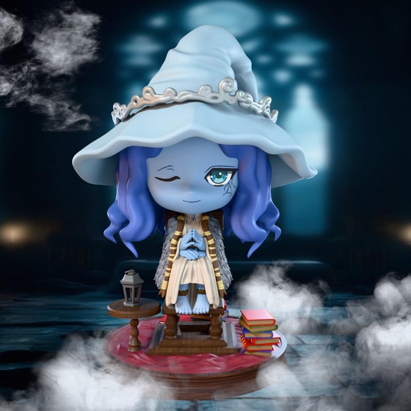 Chibi Ranni figure from Elden Ring, with blue skin, purple hair, and a large light blue hat, sitting with hands clasp...