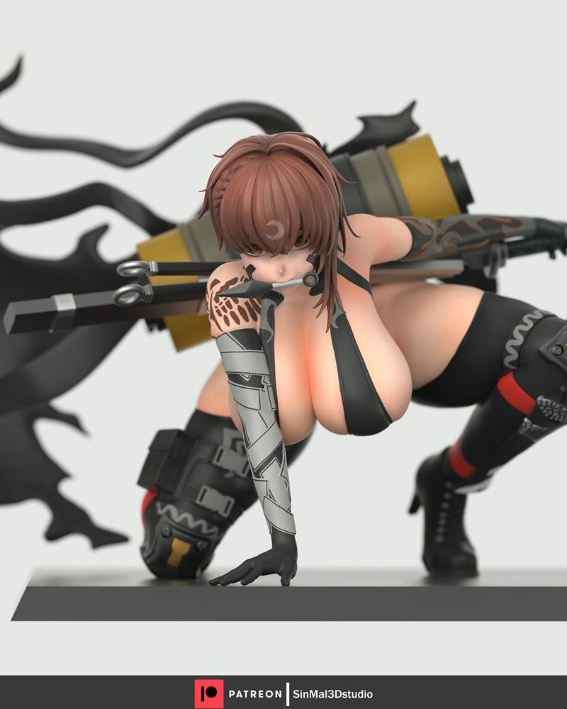 3D model of NIKKE character Delta in a crouching pose, wearing a revealing black outfit and holding a weapon. Feature...