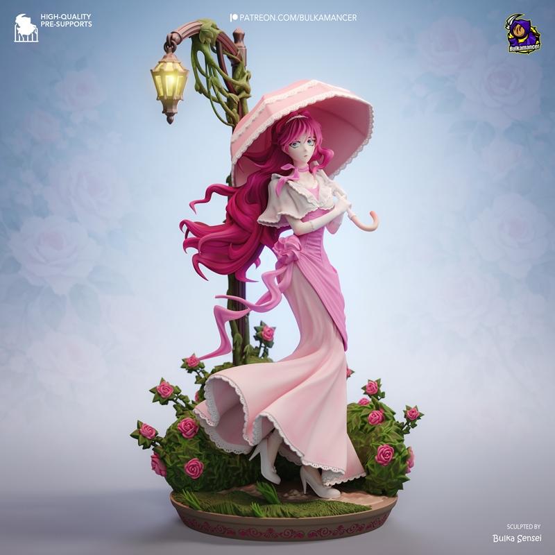 Penelope Eckhart figure in a pink gown holding an umbrella, surrounded by roses and a lamppost, sculpted by Bulkamanc...