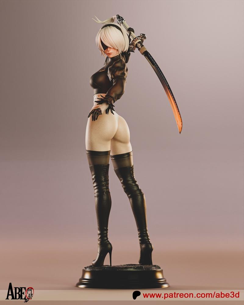 3D model figure of 2B from Nier Automata, wearing a black outfit, thigh-high boots, and a blindfold, holding a sword....