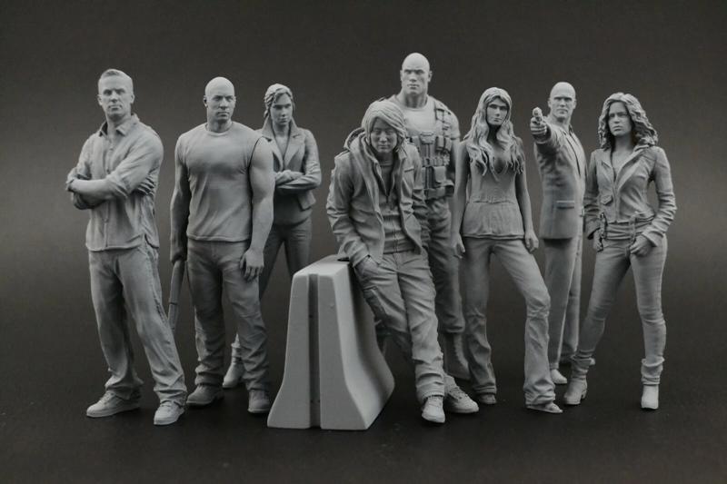 Group of realistic 3D printable figures from the Fast & Furious movie franchise, posed dynamically.