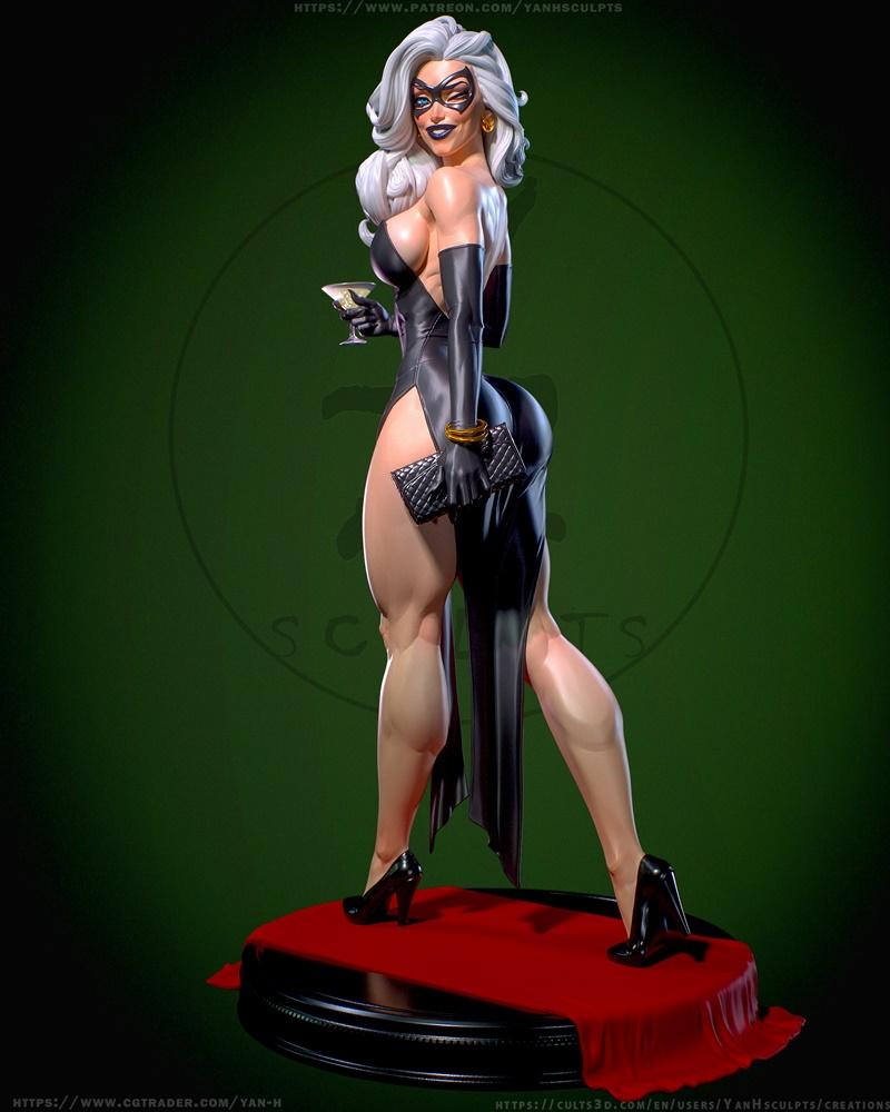 3D model of Marvel's Black Cat in a black evening gown, holding a martini and clutch, wearing a mask and high heels.
