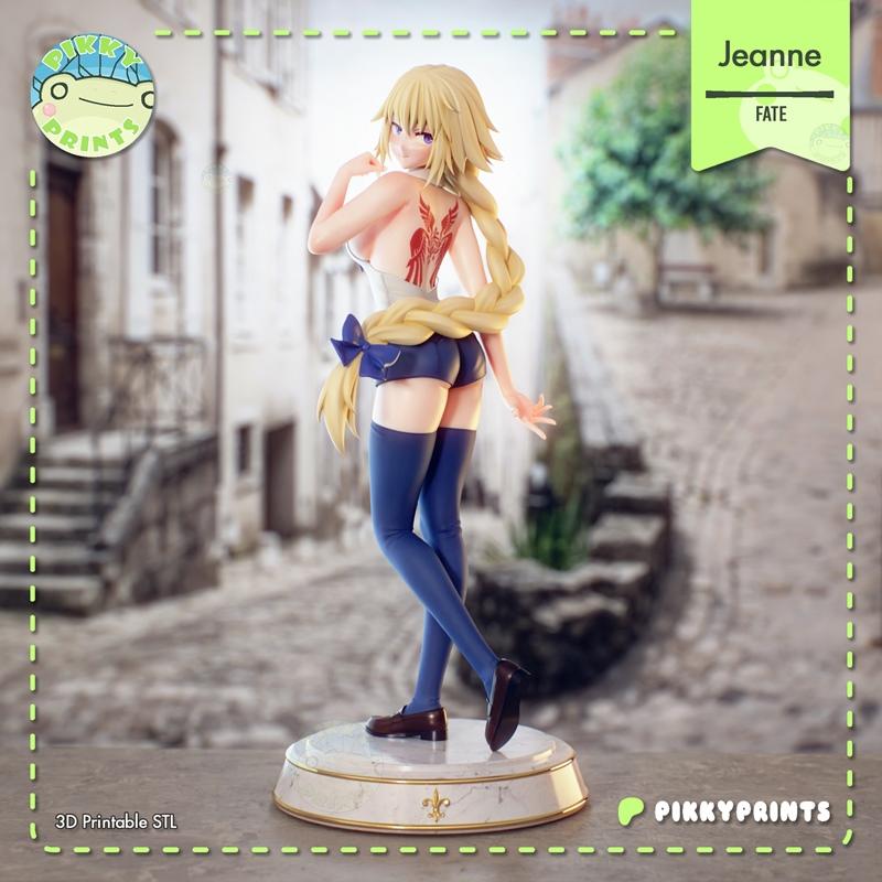 Pikky Prints 3D model of Jeanne d'Arc from Fate, blonde braided hair, white top, blue shorts, blue thigh-highs, back...