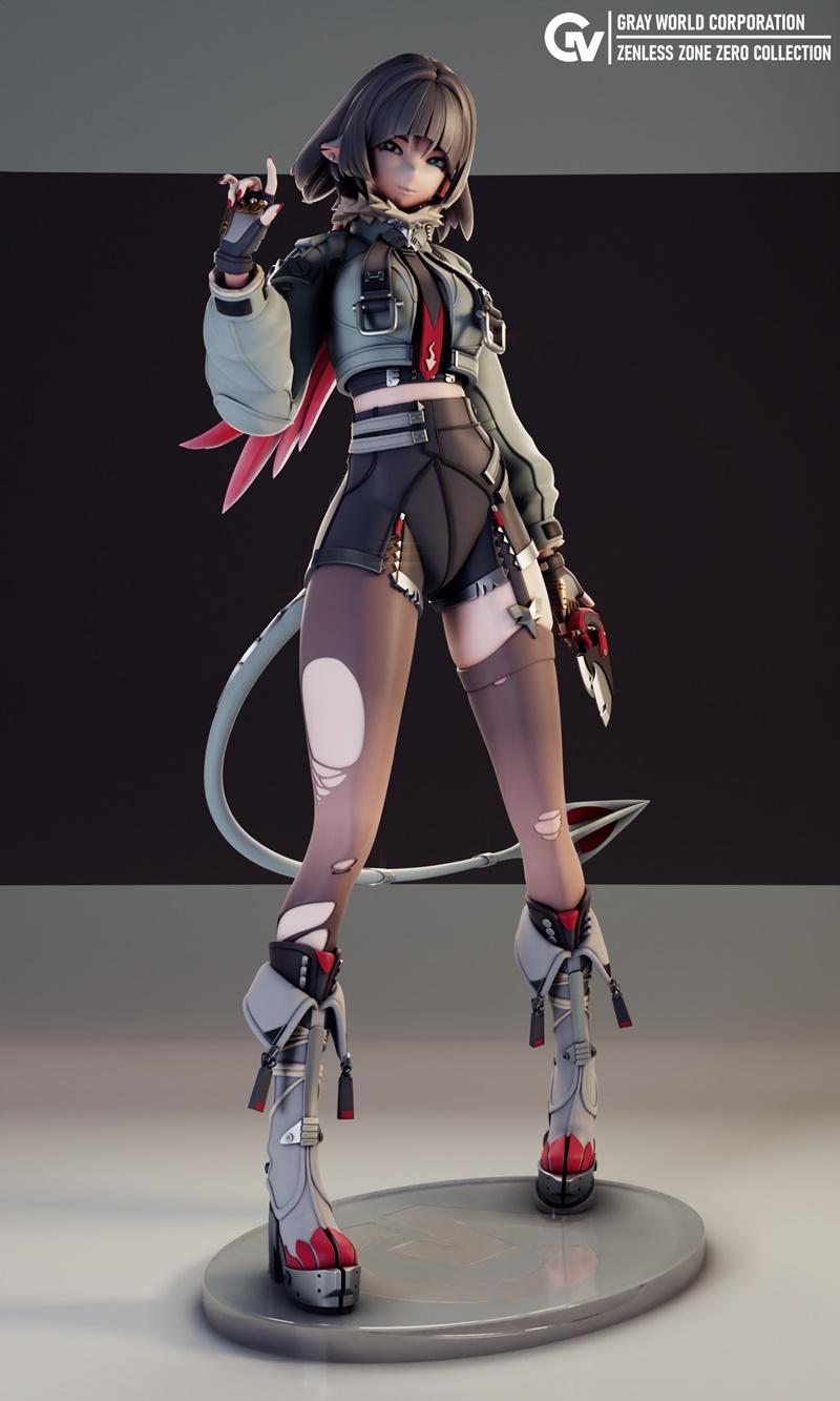 Jane Doe figure from Zenless Zone Zero by Gray World, wearing a jacket, shorts, and ripped stockings, with a tail and...