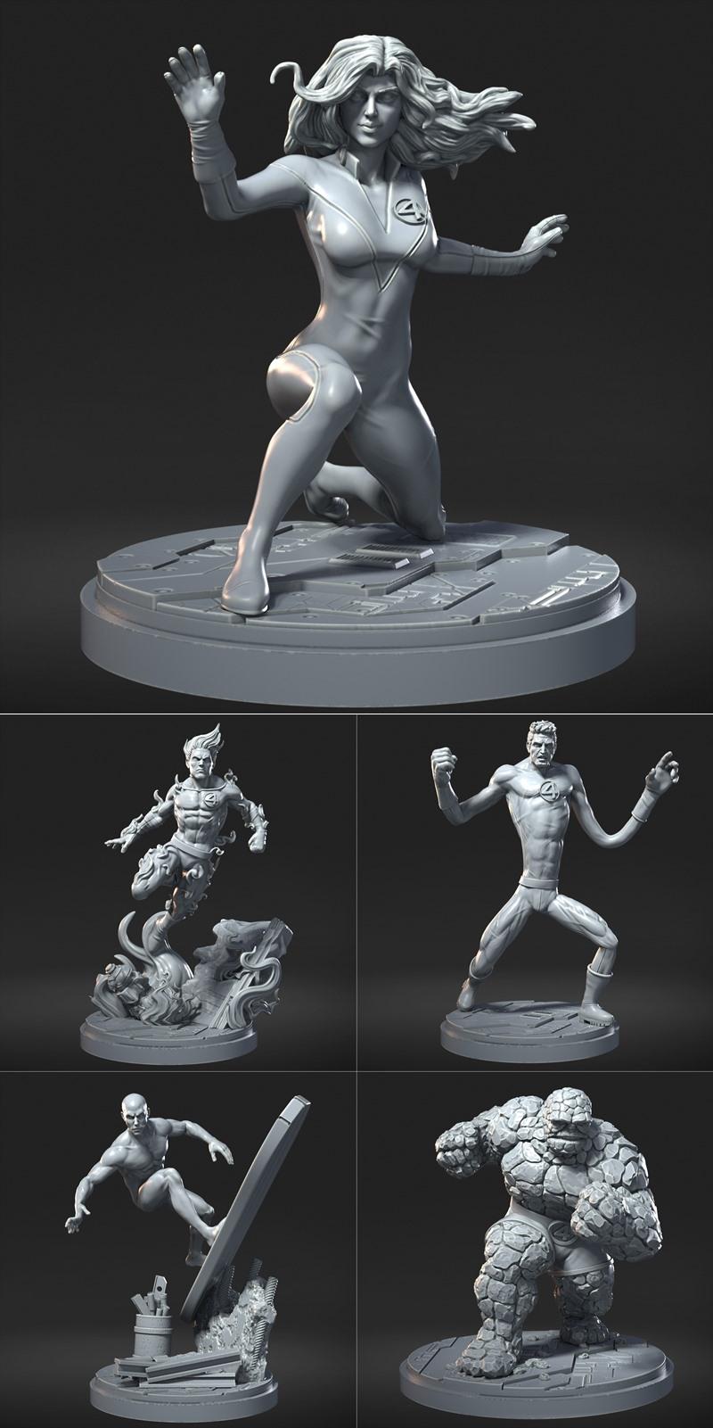 Collection of Fantastic Four 3D models: Invisible Woman kneeling, Human Torch in flight, Mr. Fantastic posing, and Th...