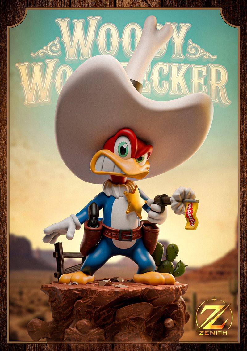 Woody Woodpecker as a cowboy sheriff, holding a pistol with a "BANG!" flag, standing on a desert base with...