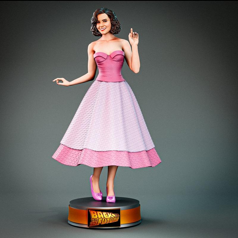 3D model of Lorraine Baines McFly from Back to the Future, wearing a pink strapless gown and ballet flats, standing o...